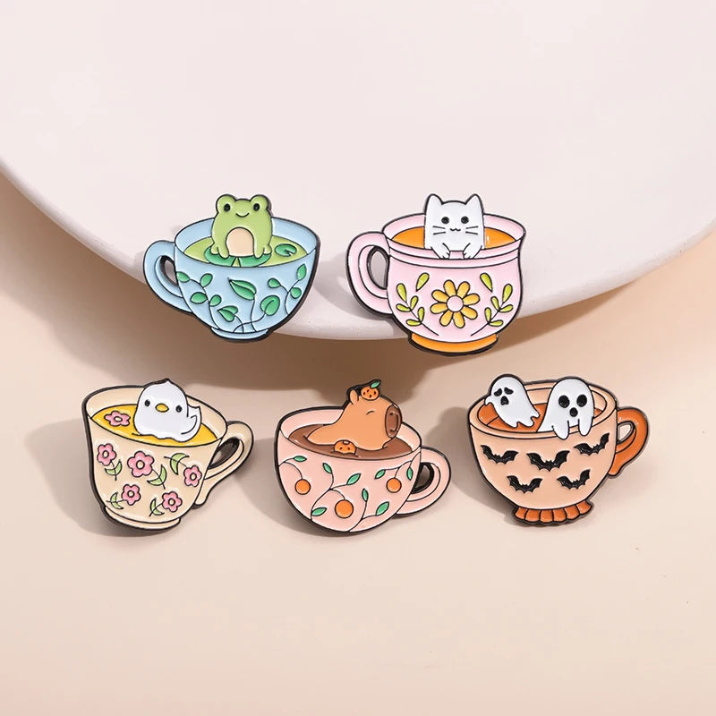 Creative Coffee Cup Animal Collection Enamel Pins Ghost Duck Capybara Frog Brooch Lapel Badge Cute Halloween Jewelry Kid Gift Quick Pick Grocers